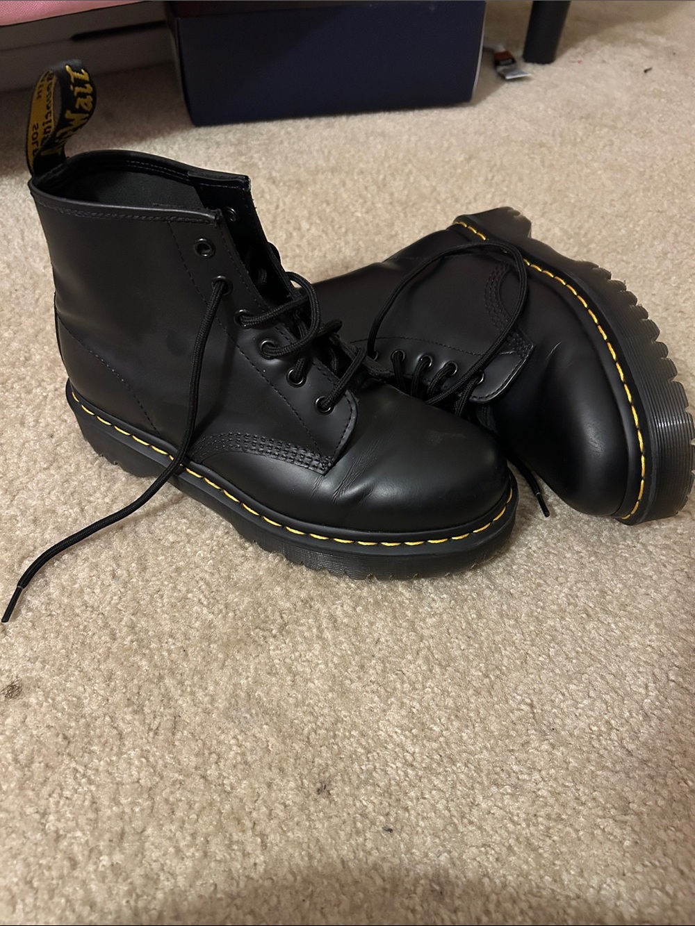 Doc Marten Black Lace-Up Leather Boots with Yellow Stitch Accent